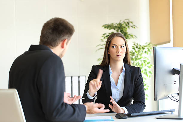 boss denying something to an employee - job orders imagens e fotografias de stock