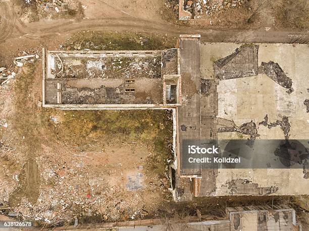 Abandoned Industrial Building In Winter Time Stock Photo - Download Image Now - Absence, Abandoned, Aerial View