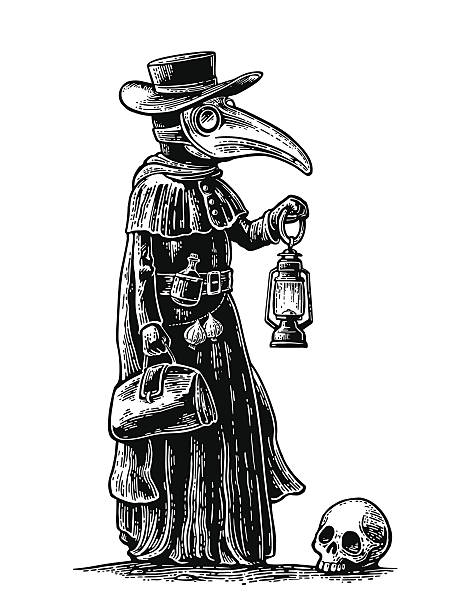 Plague, doctor with bird mask,suitcase, lantern, garlic. Engraving Plague, doctor with bird mask,suitcase, lantern, garlic and hat. Vector black vintage engraving illustration isolated on a white background. For poster and book epidemic stock illustrations