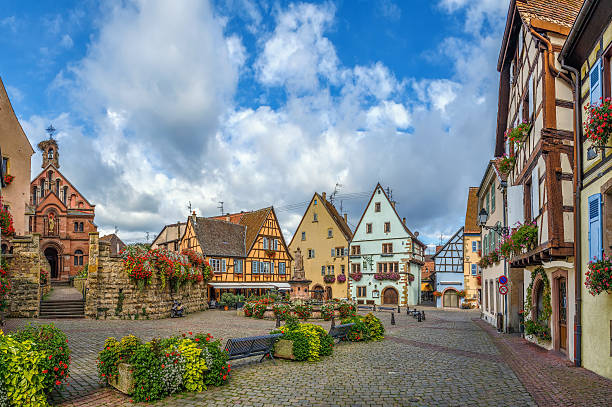 Main square in Eguisheim, Alsace, France stock photo