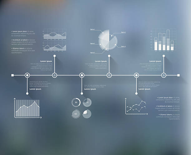 timeline-infografik mit unfokussiertem hintergrund und symbolen. weltkarte - spärlichkeit grafiken stock-grafiken, -clipart, -cartoons und -symbole
