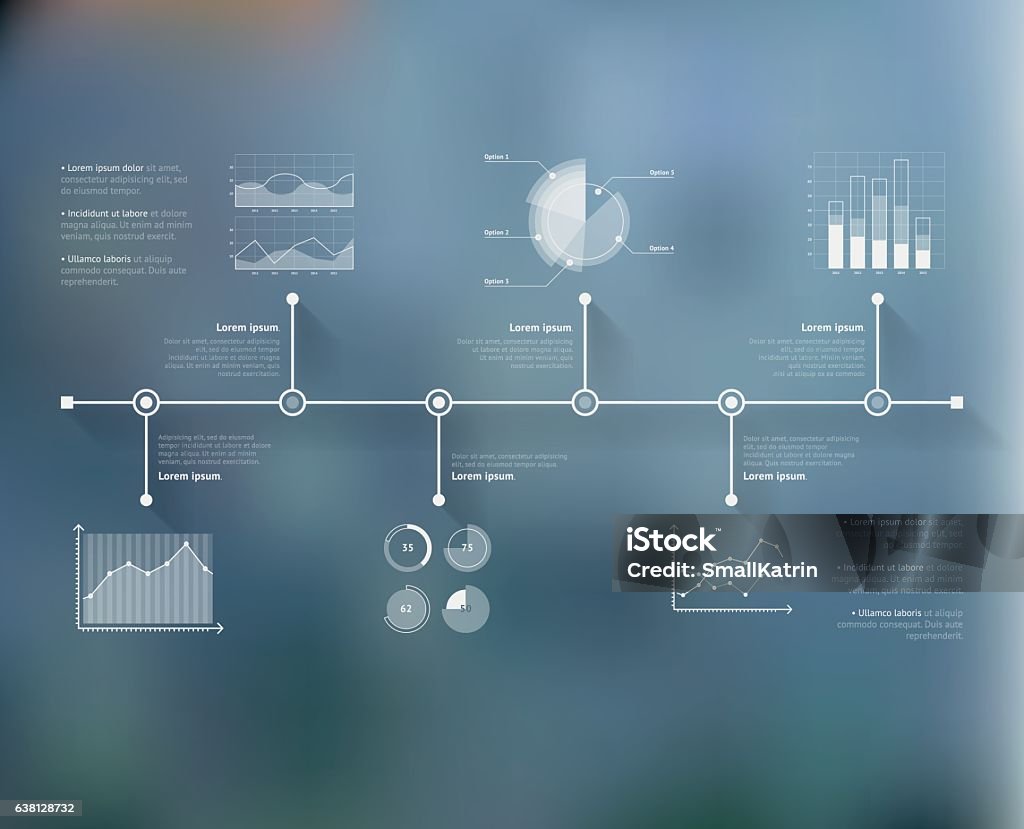 Infografía de la línea de tiempo con fondo desenfocado e iconos establecidos. Mapamundi - arte vectorial de Infografía libre de derechos