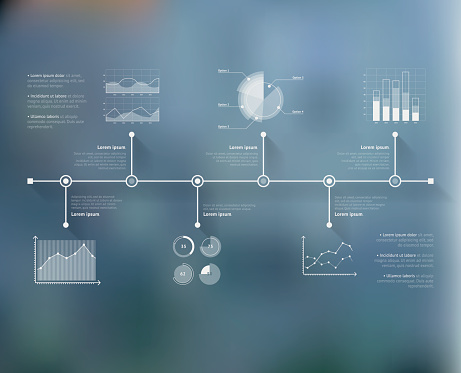 Timeline infographic with unfocused background and icons set. World map