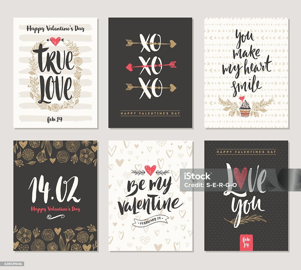 Set of Valentine's Day hand drawn greeting card with calligraphy Vector set of Valentine's Day hand drawn posters or greeting card with handwritten calligraphy quotes, phrase and illustrations. Valentine's Day - Holiday stock vector