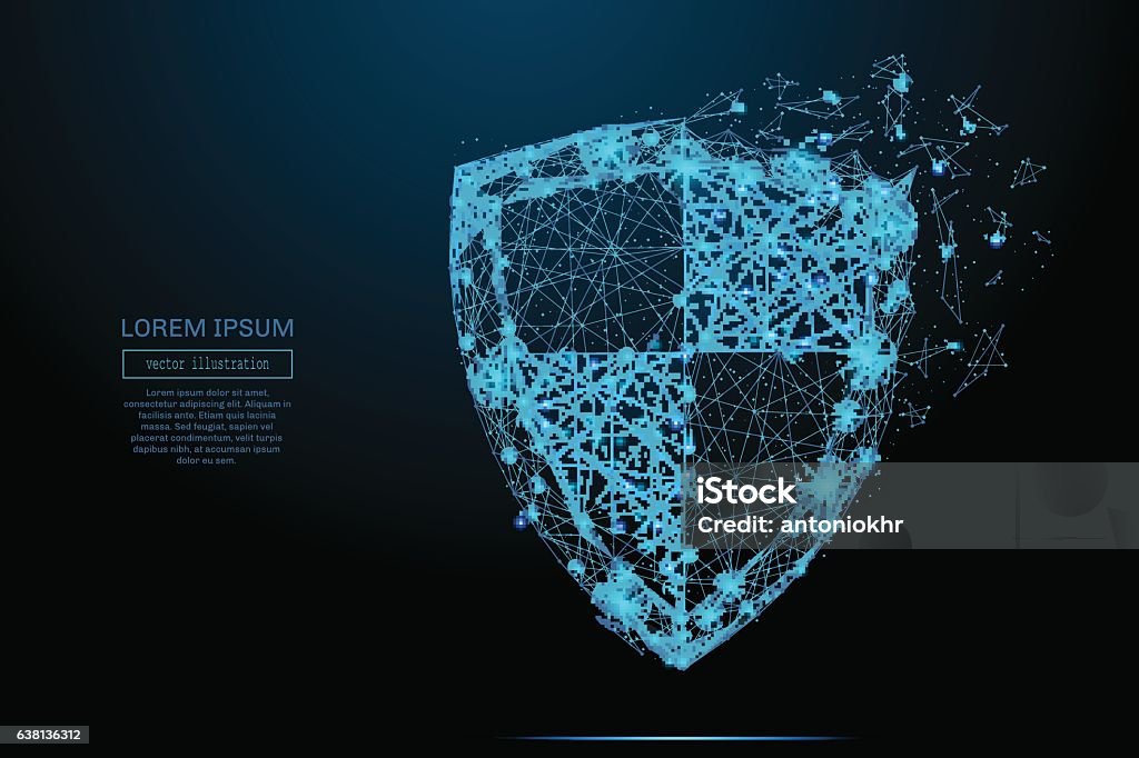 shield vector blue Security Shield composed of polygons. Business concept of data protection. Low poly vector illustration of a starry sky or Comos. The shield consists of lines, dots and shapes. Shield stock vector