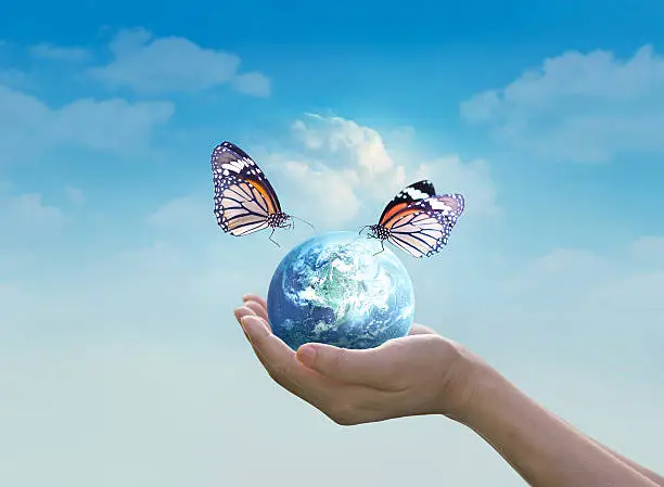 Woman holding planet earth with butterfly in hands on clean blue sky background, Elements of this image furnished by NASA