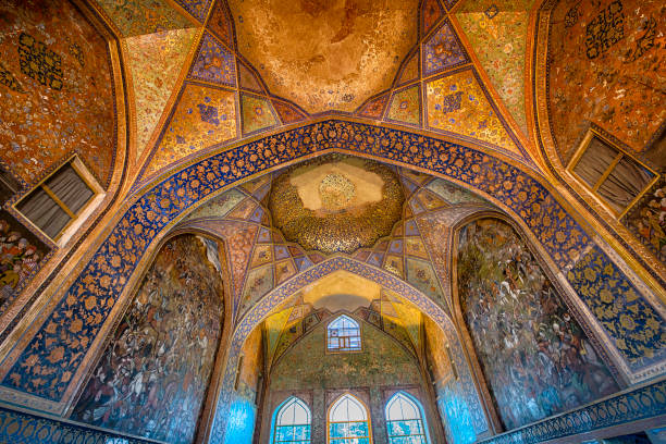 Wallpainting at the Chehel Sotoun, Isfahan, Iran Huge wallpainting/fresco in the Chehel Sotoun (also Chihil Sutun or Chehel Sotoon) is a pavilion in the middle of a park at the far end of a long pool, in Isfahan, Iran, built by Shah Abbas II to be used for his entertainment and receptions. The name means in Persian "Forty Columns". The pavillion and the garden is an UNESCO World Heritage Site. isfahan stock pictures, royalty-free photos & images