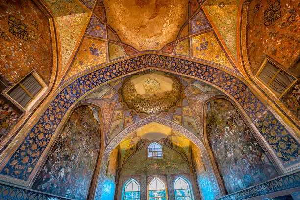 Huge wallpainting/fresco in the Chehel Sotoun (also Chihil Sutun or Chehel Sotoon) is a pavilion in the middle of a park at the far end of a long pool, in Isfahan, Iran, built by Shah Abbas II to be used for his entertainment and receptions. The name means in Persian "Forty Columns". The pavillion and the garden is an UNESCO World Heritage Site.