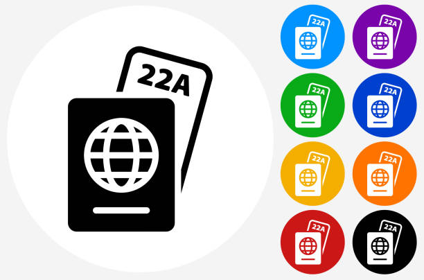 ilustraciones, imágenes clip art, dibujos animados e iconos de stock de icono de pasaporte y boleto en los botones de círculo de color plano - passport computer graphic digitally generated image white background
