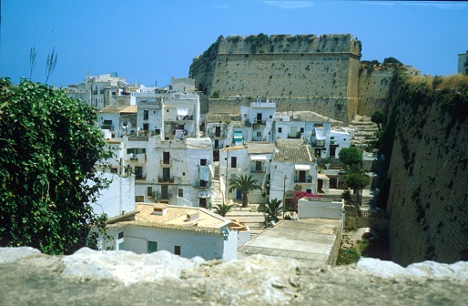 Ibiza Town, Ibiza, Catalonia, Spain, 1980. View from the Carres de Comte de Rossellò on parts of the old town and the fortress wall.