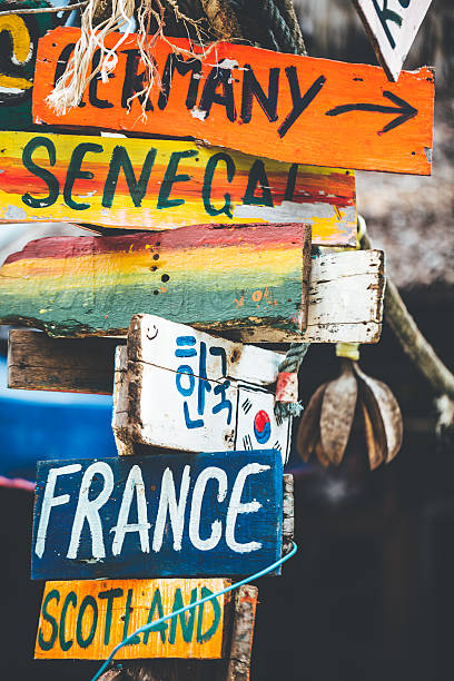 istock Funny colorful signpost to different countries around the world 638143650