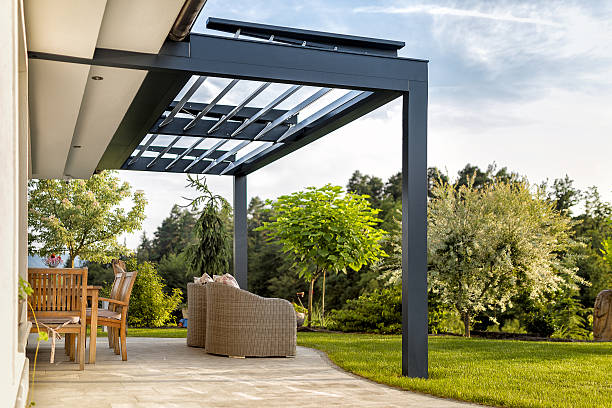 luxury terrace on a sunny day - stone contemporary house luxury imagens e fotografias de stock