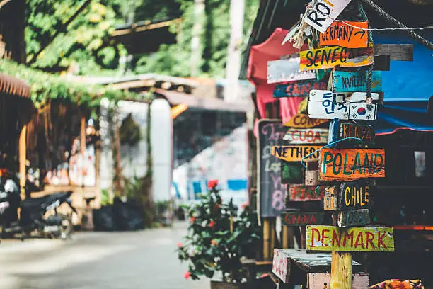 Funny colorful signpost to different countries around the world