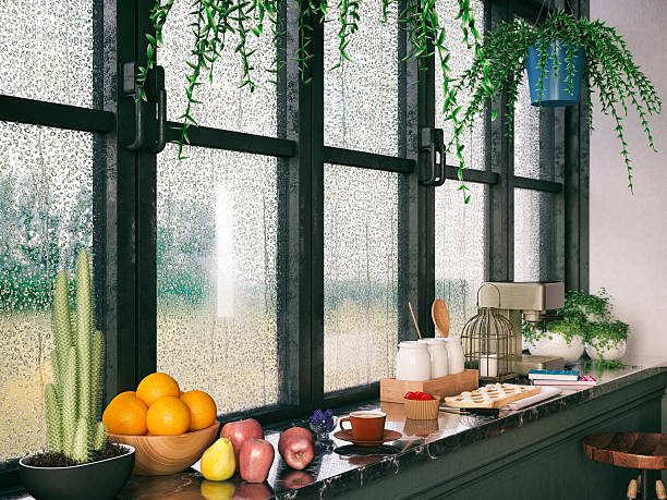 Rainy Day Breakfast Breakfast with rainy kitchen window rainy cafe stock pictures, royalty-free photos & images