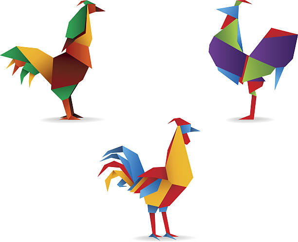 Set of color origami cocks vector art illustration