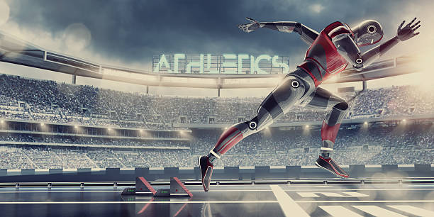 istock Hi-Tech Robot Athlete Competing in Sprint Race in Futuristic Stadium 638157620