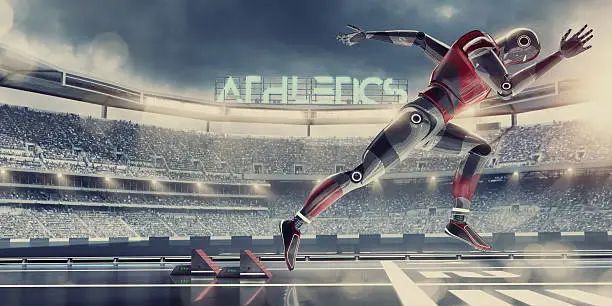 Photo of Hi-Tech Robot Athlete Competing in Sprint Race in Futuristic Stadium