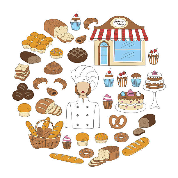 illustrations, cliparts, dessins animés et icônes de collection boulangerie griffonnage style illustrations vectorielles isolées sur blanc - pretzel isolated bread white background
