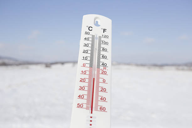 istock Below Zero degree Celsius temperature outdoor on snowy landscape 638162910