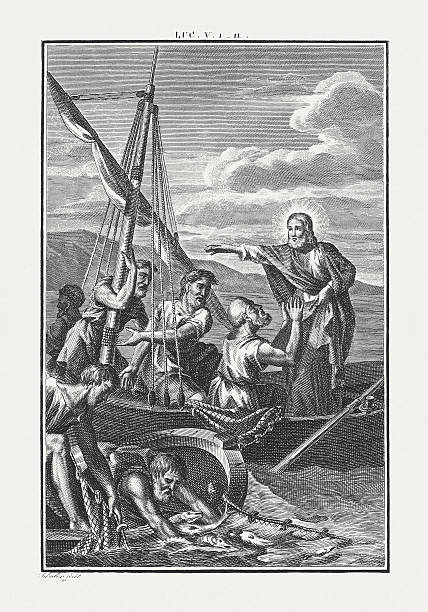Miraculous catch of fish (Luke 5), copper engraving, published c.1850