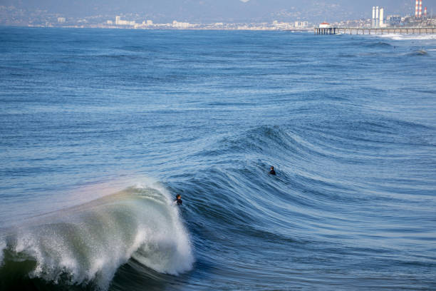 surfer in hermosa beach, kalifornien - santa monica surfing beach city of los angeles stock-fotos und bilder