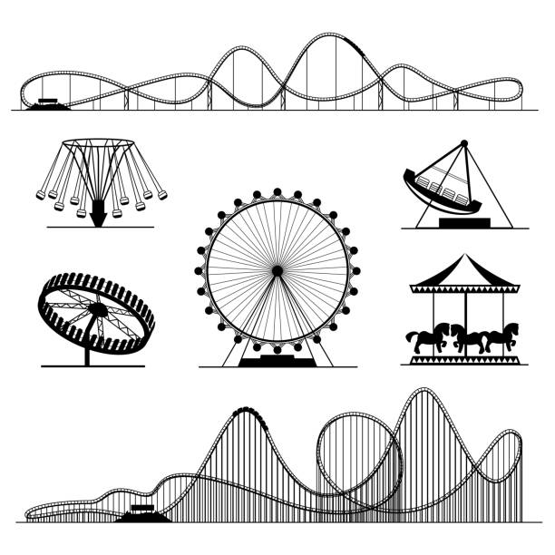 ilustraciones, imágenes clip art, dibujos animados e iconos de stock de paseo de atracciones o montañas rusas luna park conjunto de vectores de entretenimiento - ferris wheel carnival amusement park wheel