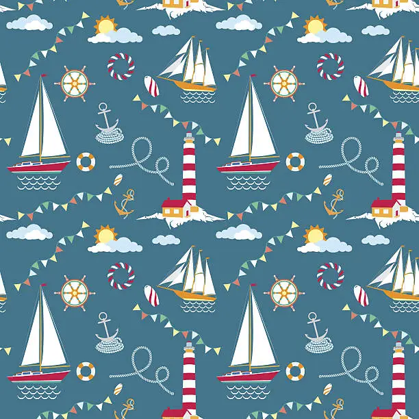 Vector illustration of marine pattern with ships, lighthouse, rope, anchor
