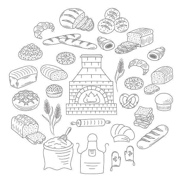 illustrations, cliparts, dessins animés et icônes de illustration vectorielle griffonnage de la collection boulangerie et pâtisserie - pretzel isolated bread white background