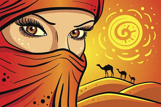 Vector illustration of girl on the background of the desert