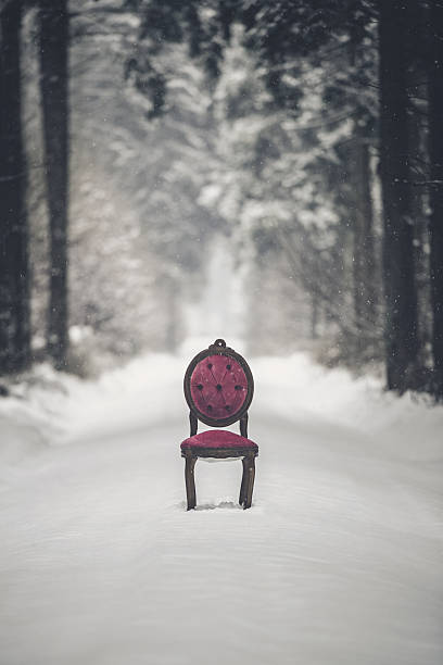 A red vintage chair in the middle of a long path in a snowy forest