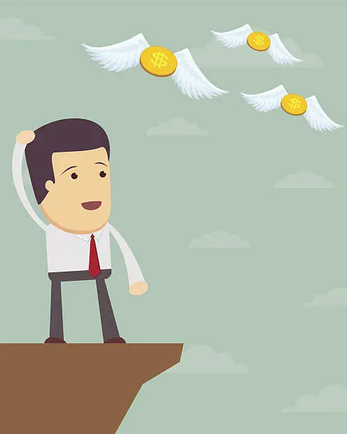 Vector illustration of sad man in  suit see off  flying away money.