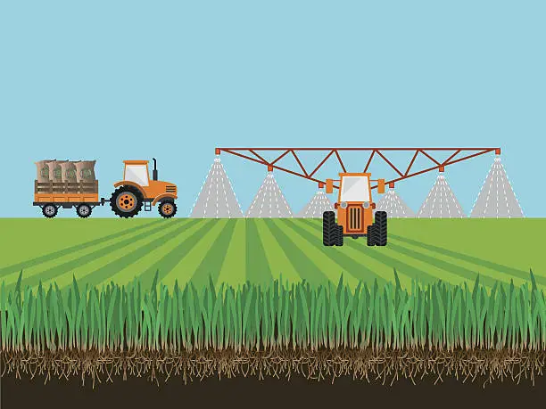 Vector illustration of Tractor fertilizing field.