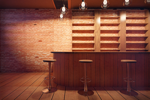 Bar interior with wooden counter, stools and shelves on brick wall background. 3D Rendering