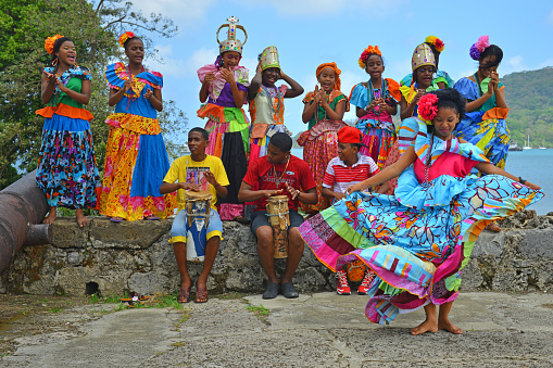 Portobelo, Panama - April 7, 2015: A group of young Panamanians are performing the traditional Congo dance in the ruins of a Spanish fortress.