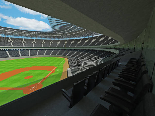 Baseball stadium with black seats and VIP boxes 3D render of baseball stadium with black seats, VIP boxes and floodlights for hundred thousand people sod roof stock pictures, royalty-free photos & images