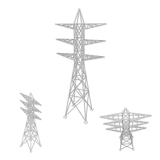 ilustraciones, imágenes clip art, dibujos animados e iconos de stock de conjunto de torres de transmisión de energía. aislado sobre blanco. ilustración de contorno vectorial. - isometric power line electricity electricity pylon