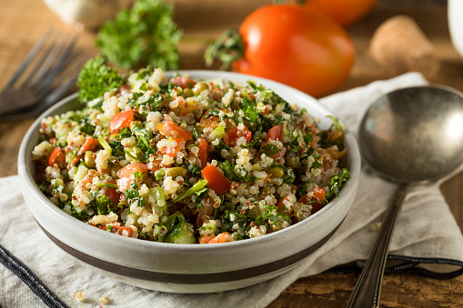 Healthy Organic Quinoa Tabouli Salad with Tomato and Cucumber