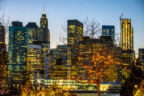 Lower Manhattan lights coming alive at twilight time. View from Brooklyn Bridge park. New York City, New York.