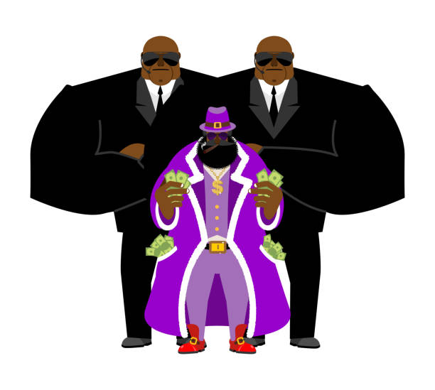 Pimp and bodyguard. Bright clothing and money. Pocket full of Pimp and bodyguard. Bright clothing and money. Pocket full of cash. Gold dollar chain jewelry. African American and guards, security pimp stock illustrations