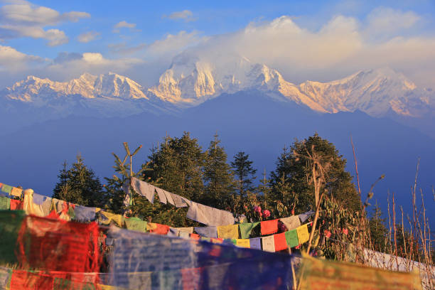 istock Prayer flags with snowy mountain at poon hill, Nepal 638204612