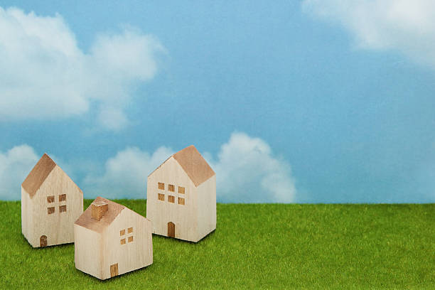 istock Houses on green grass over blue sky and clouds. 638211122