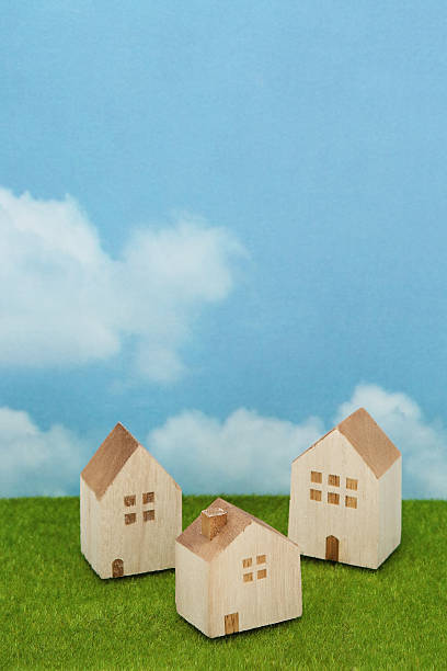 istock Houses on green grass over blue sky and clouds. 638211140