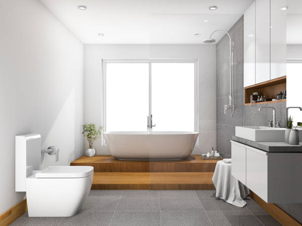 istock 3d rendering wood step bathroom and toilet with glass partition 638211264