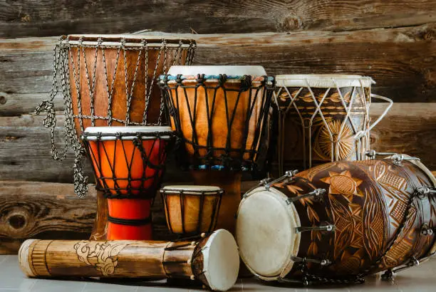 variation of ethnic drums different sizes from small to huge