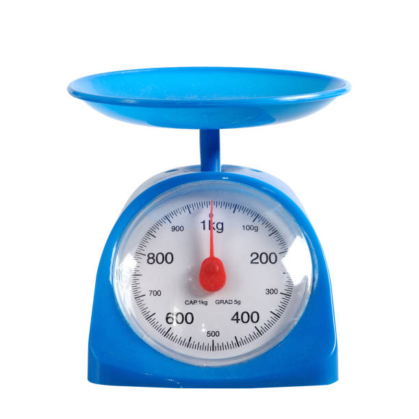 istock Blue scales weighting products on white background. 638218550