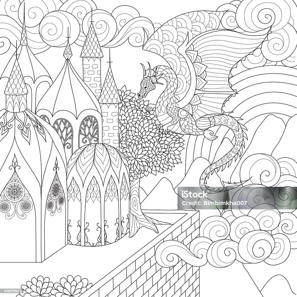 Dragon A dragon flying above beautiful cathedral design for adult and child coloring book pages Adult stock vector