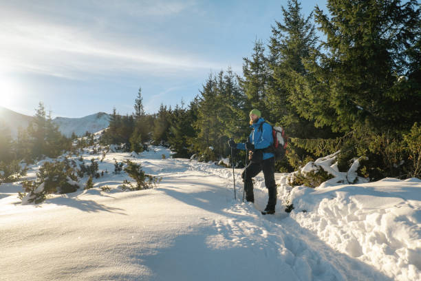 istock Man hiking with trekking sticks in winter mountain 638220646