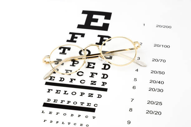 gafas de oro con una carta de ojos snellen - doctor reading chart human eye fotografías e imágenes de stock