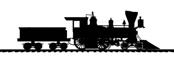 Computer generated 2D illustration with the silhouette of an American steam locomotive from the 1850s
