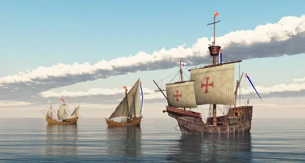 Computer generated 3D illustration with the ships Santa Maria, Nina and Pinta of Christopher Columbus